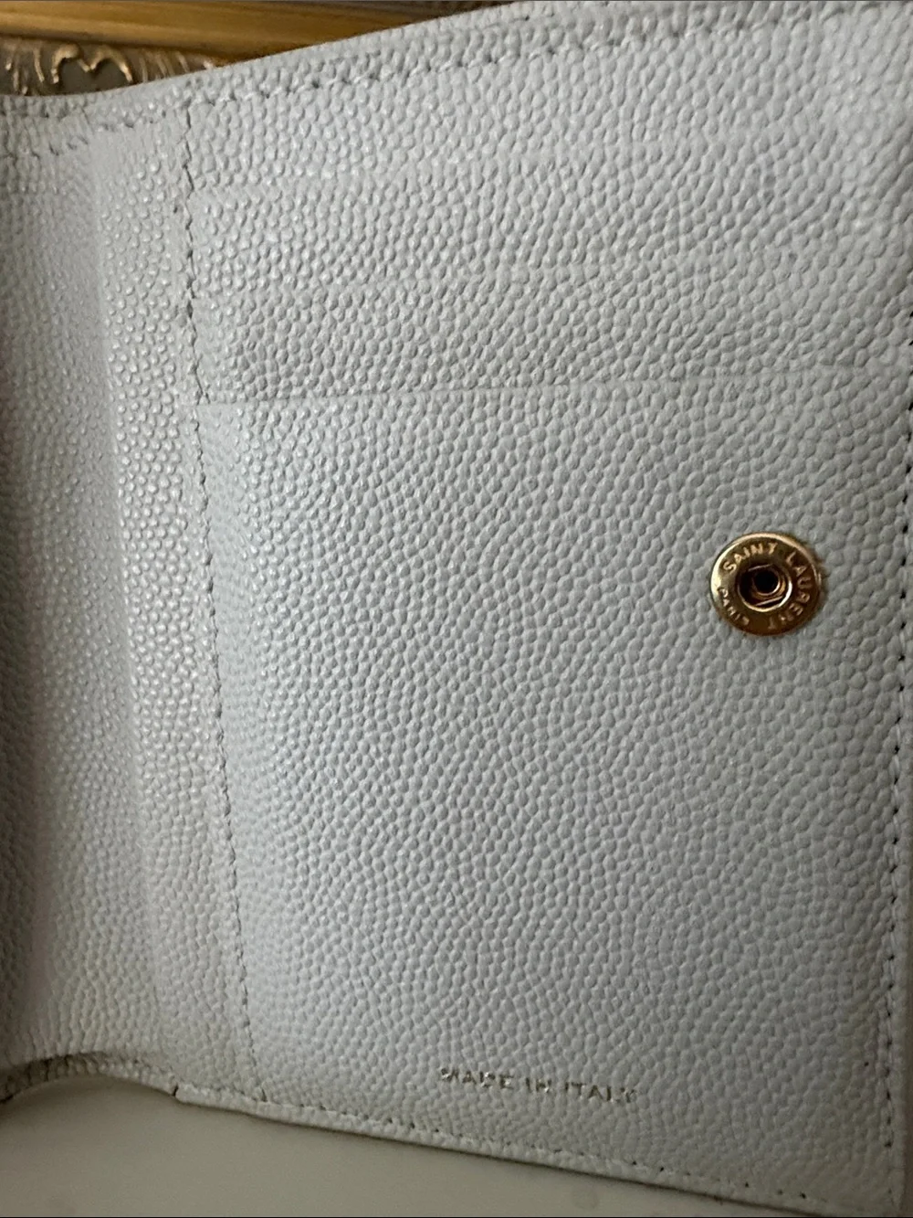 Saint Laurent White Pebbled Leather Compact Bifold Wallet wi/ Gold YSL Emblem